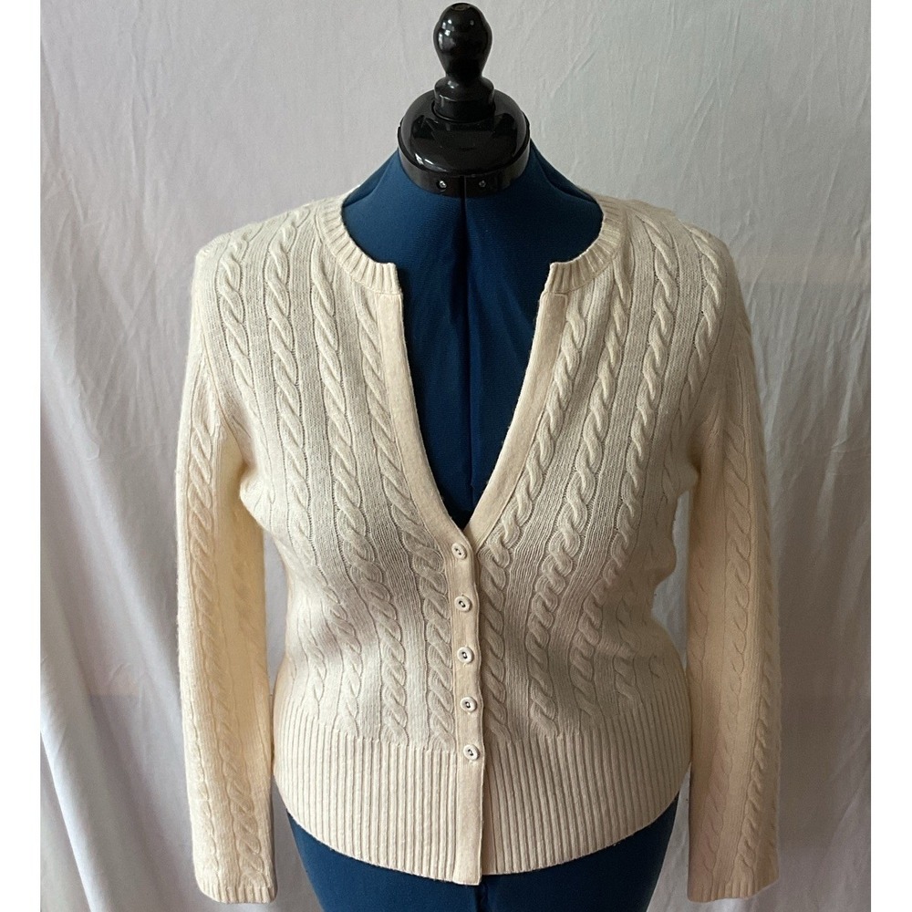 Talbots Petite Ivory Cable Knit Cardigan Lambswool Cashmere V-Neck Sweater M